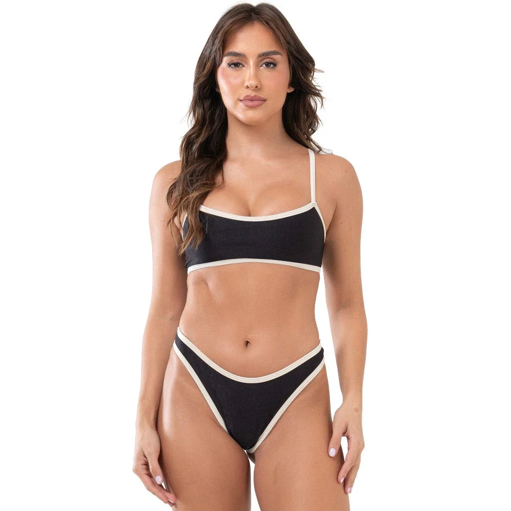 Biquíni Canelado Bicolor Feminino Top Cropped e Tanga Fio Asa Delta Forrado Lycra 340